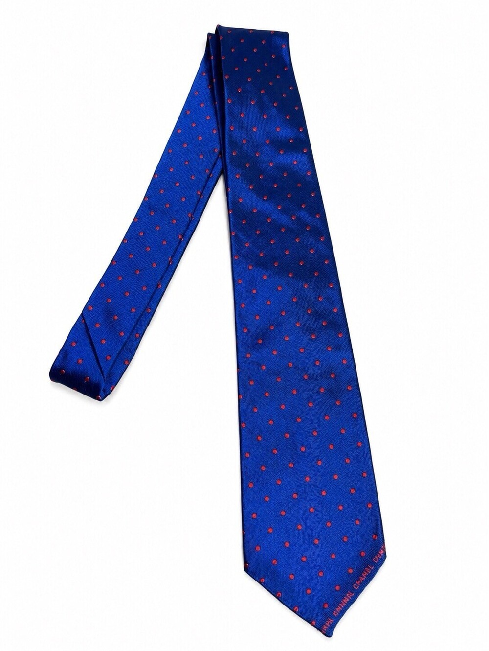 CHANEL Paris Blue Red Polka Dot Silk Necktie Made in Italy